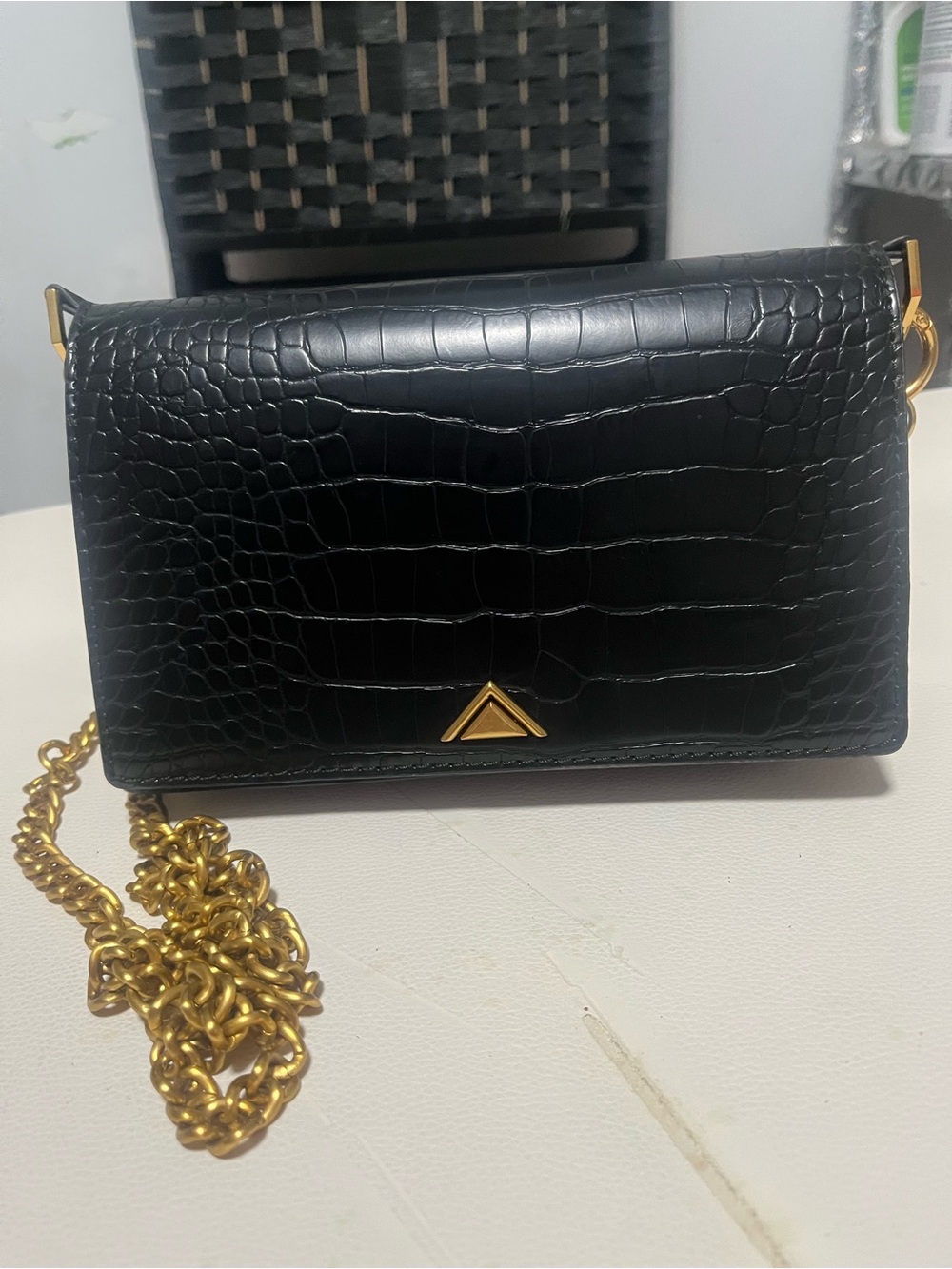 Aldo Black Croc-Embossed Crossbody with Gold Chain Strap